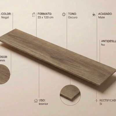 Pieza rectangular de gres porcelánico imitación madera en tonalidad nogal, formato 23×120 cm, con superficie mate y acabado rectificado que imita vetas naturales de madera.