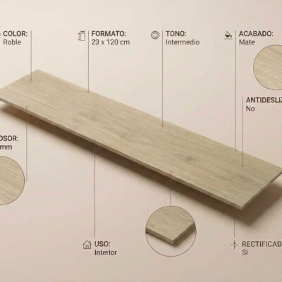 Pieza rectangular de gres porcelánico en formato 23×120 cm con acabado mate imitando madera en tonalidad roble claro. Superficie con veteado natural y textura de madera, rectificada.