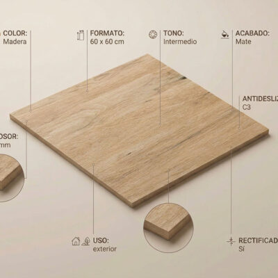 Baldosa porcelánica rectangular de 60×60 cm con acabado mate e imitación madera en tonos naturales beige y marrón claro, grosor de 20 mm, rectificada y con antideslizante C3 para suelo porcelánico.