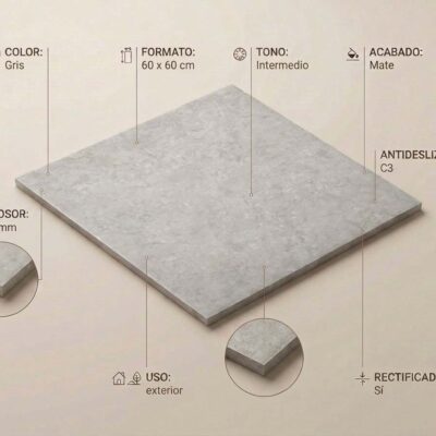 Diagrama técnico de baldosa porcelánica Plus Premiere Grey mostrando especificaciones: formato 60×60 cm, grosor 20 mm, acabado mate, tono intermedio, rectificado, antideslizante C3 y uso exterior. Detalle de sección transversal visible en ampliaciones laterales.