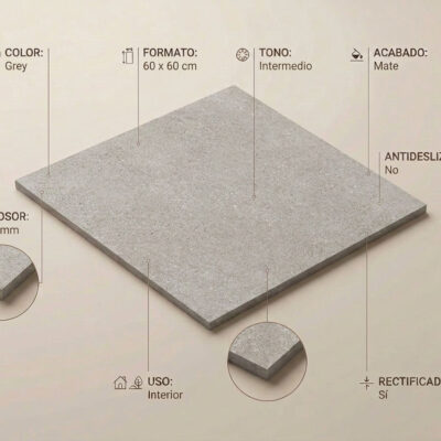 Baldosa rectangular de gres porcelánico en tonalidad gris, imitación piedra natural, formato 60×60 cm, superficie texturizada mate con acabado rectificado y grosor de 9,5 mm.