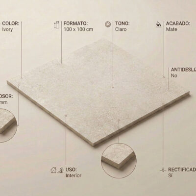 Especificaciones técnicas del gres porcelánico imitación piedra Glover Ivory: formato 100×100 cm, color ivory, acabado mate, grosor 10 mm, rectificado, uso interior, sin antideslizante.