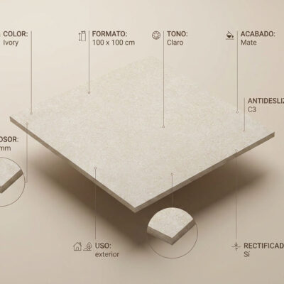 Pieza rectangular de gres porcelánico de 100×100 cm con textura imitación piedra en tono ivory claro, acabado mate y rectificado, con superficie antideslizante.