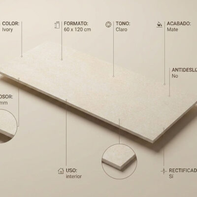 Pieza rectangular de gres porcelánico imitación piedra en tono ivory claro, formato 60×120 cm, superficie texturizada mate con acabado rectificado, grosor 10 mm.