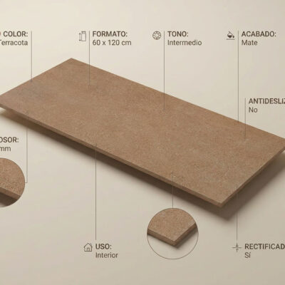 Pieza rectangular de gres porcelánico de 60×120 cm con acabado mate e imitación piedra en tono terracota. Superficie texturizada rectificada que evoca piedra natural con variaciones de color cálido.