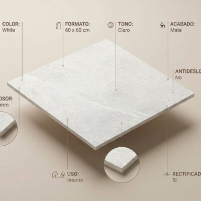 Baldosa rectangular de gres porcelánico 60x60 cm en color blanco con textura imitación piedra, acabado mate y superficie rectificada. Grosor de 9,5 mm.
