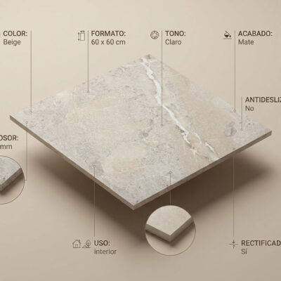Pieza rectangular de gres porcelánico en formato 60×60 cm con acabado mate, superficie texturizada que imita piedra natural en tonos beige claro con vetas blancas, rectificada.