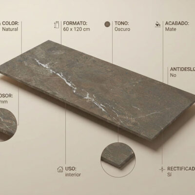 Pieza rectangular de porcelánico imitación piedra en tonalidad gris oscuro natural con vetas blancas, superficie mate rectificada, formato 60×120 cm, grosor 10 mm.