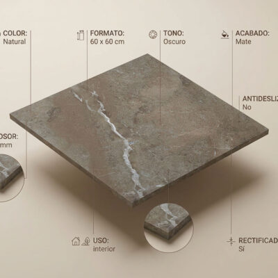 Baldosa porcelánica rectangular de 60×60 cm con efecto piedra natural en tonos grises oscuros, superficie mate con veteado blanco sutil y acabado rectificado.