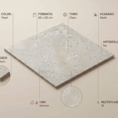 Pieza rectangular de gres porcelánico 60×60 cm en tonalidad gris claro con acabado mate y textura imitación piedra natural, superficie rectificada con grosor de 9,5 mm.