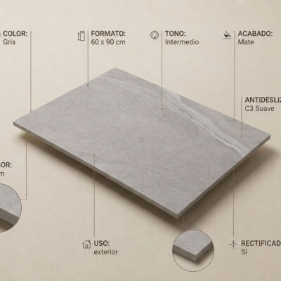 Baldosa porcelánica rectangular de 60×90 cm en color gris con acabado mate y textura que imita piedra natural, grosor de 20 mm, rectificada y antideslizante.
