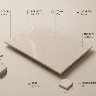 Baldosa porcelánica rectangular de 60×90 cm con efecto piedra en tonalidad arena clara, acabado mate y borde rectificado. Superficie con textura natural y veining sutil, grosor de 20 mm visible en el canto.