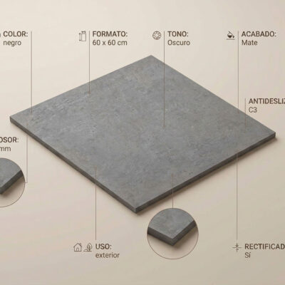 Baldosa porcelánica rectangular de 60×60 cm en tono gris oscuro con acabado mate y grosor de 20 mm, rectificada con superficie texturizada que imita piedra natural.