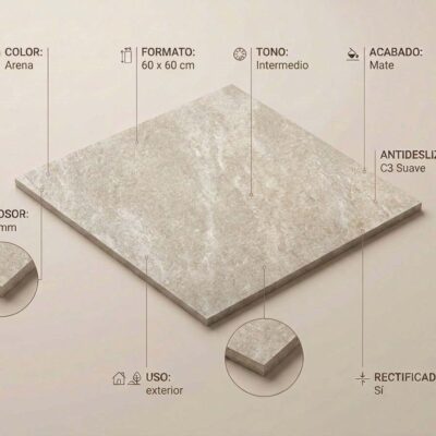 Baldosa porcelánica rectangular de 60x60 cm en color beige con acabado mate e imitación piedra, superficie texturizada con borde rectificado, grosor de 20 mm.