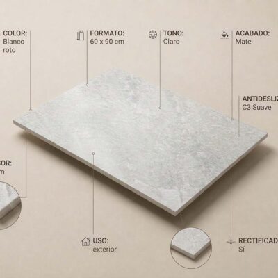 Pieza rectangular de porcelánico efecto piedra en blanco roto, formato 60×90 cm, con superficie texturizada mate y grosor de 20 mm, rectificada para suelos porcelánicos.
