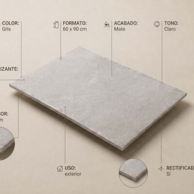 Baldosa rectangular de porcelánico con efecto piedra natural en gris claro, acabado mate, formato 60×90 cm, grosor 20 mm, con bordes rectificados y superficie antideslizante.