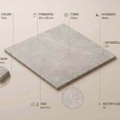 Baldosa porcelánica rectangular de 60×60 cm en color gris claro con acabado mate, superficie texturizada que imita piedra natural, grosor de 20 mm rectificado.