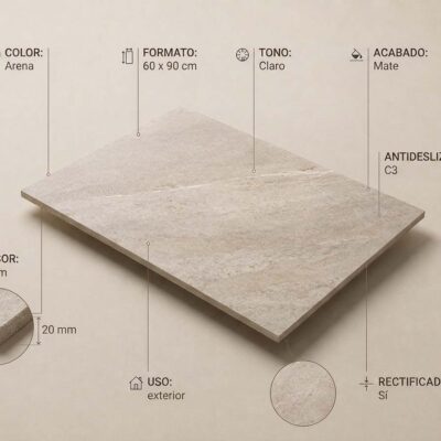 Especificaciones técnicas del porcelánico Plus Sakhir Ivory 60×90 cm: grosor 20 mm, acabado mate, rectificado, antideslizante C3, color arena, uso exterior. Incluye detalles de borde biselado y textura de superficie.
