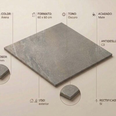 Losa de gres porcelánico rectificado en tonalidad gris oscuro con acabado mate, formato 60×60 cm, grosor 20 mm. Detalla especificaciones: color Arena, antideslizante C3, uso exterior, con vista ampliada del canto biselado.