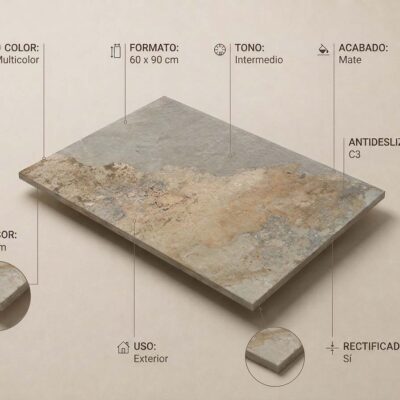Baldosa rectangular de suelo porcelánico de 60×90 cm en tonos beige y gris con acabado mate y textura de piedra natural. Grosor de 20 mm, rectificada y antideslizante.