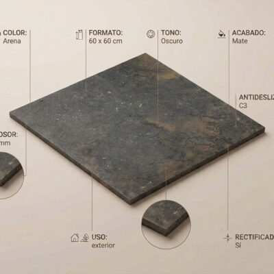 Baldosa porcelánica rectangular de 60x60 cm en color gris oscuro con textura de piedra natural, acabado mate y grosor de 20 mm. Superficie rectificada con tonalidades irregulares que imitan suelo de gres natural.