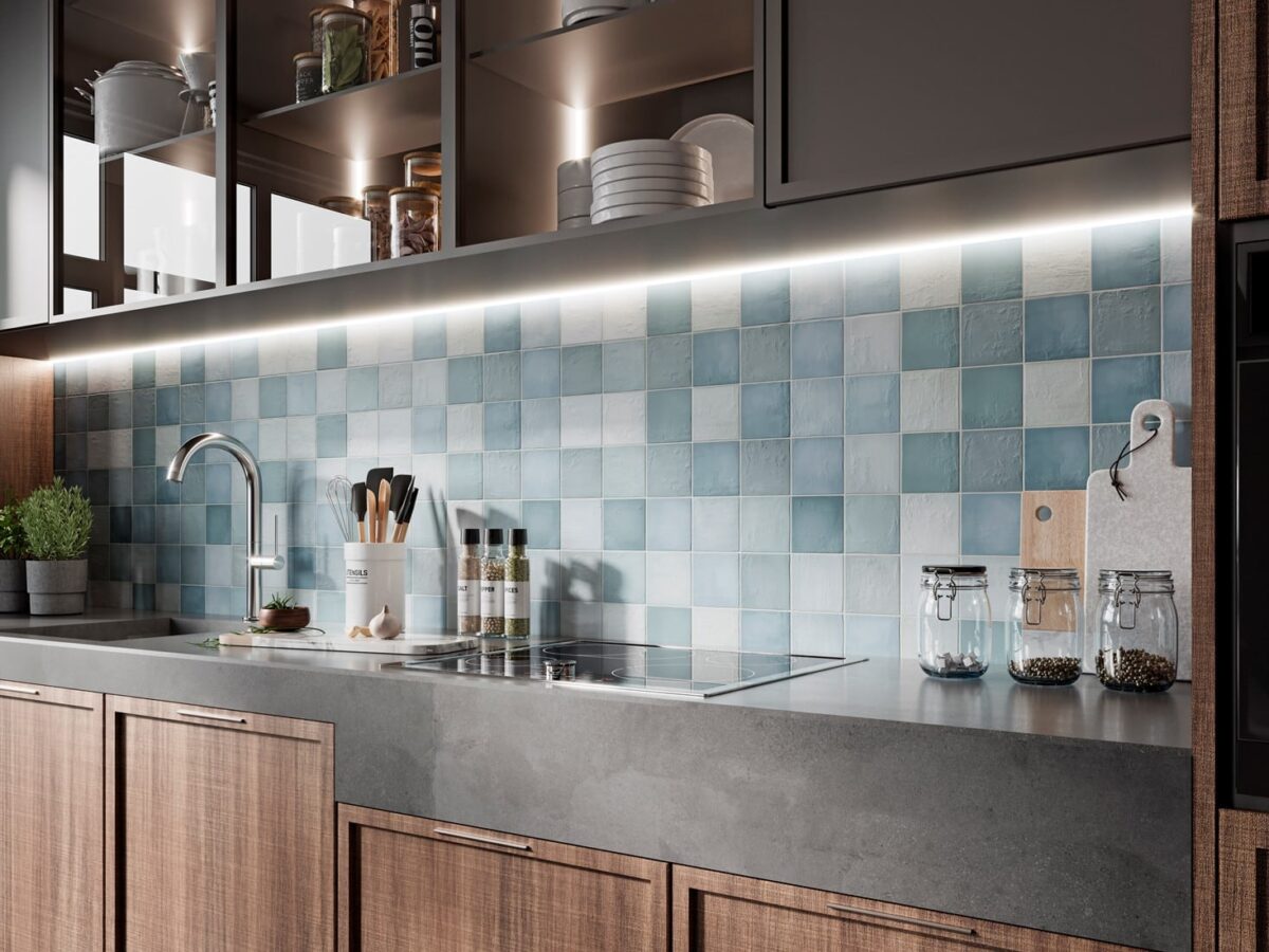 Azulejo tipo mosaico en tono verde para cocina