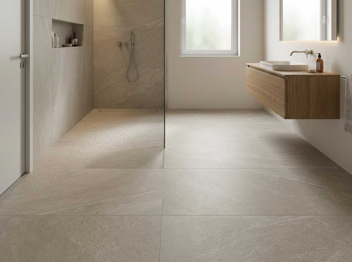 Baño con el mismo suelo porcelánico antideslizante dentro y fuera de una ducha a ras de suelo