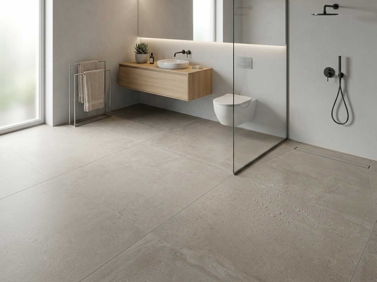 Baño con porcelánico antideslizante efecto cemento en tono greige