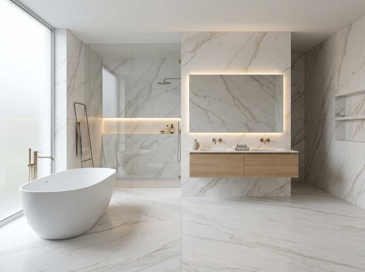 Baño de lujo con porcelánico imitación mármol blanco en gran formato