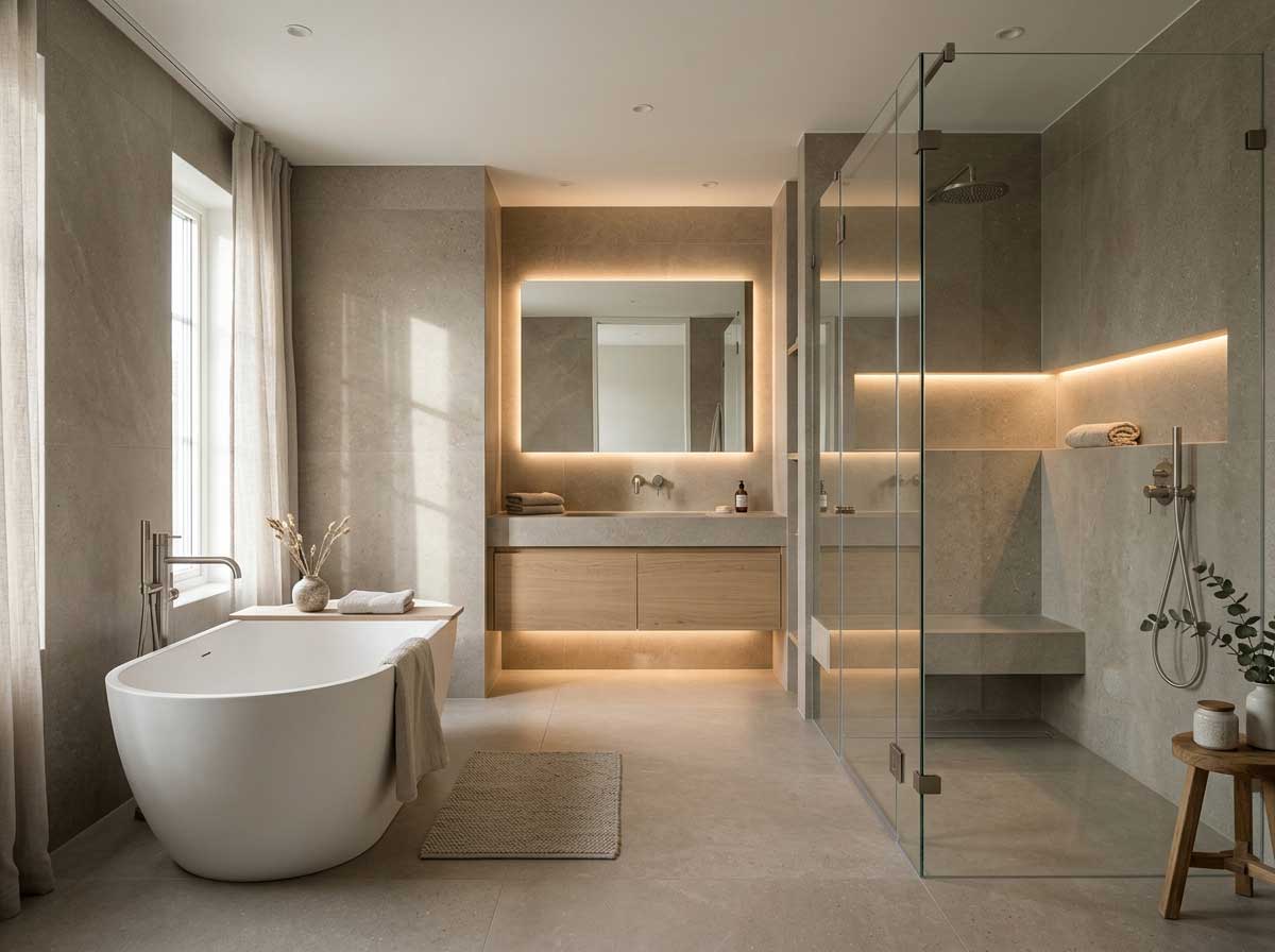 Baño de lujo tipo spa con porcelánico greige y textura mate