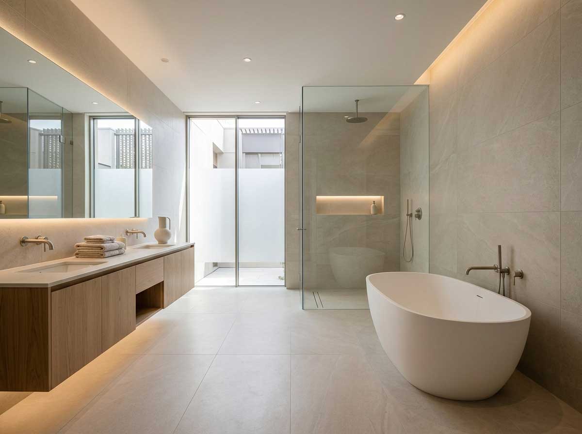 Baño grande de lujo con bañera exenta y distribución despejada