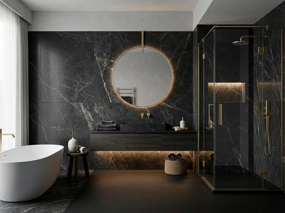Baño premium con porcelánico efecto mármol negro y contraste metálico