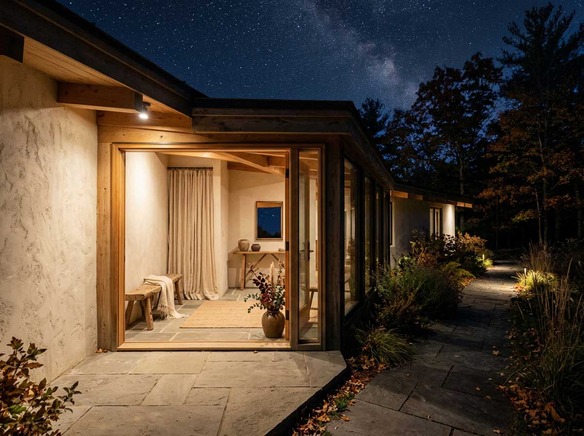 Interior Organic Modern con suelo greige, pared crema y textiles naturales