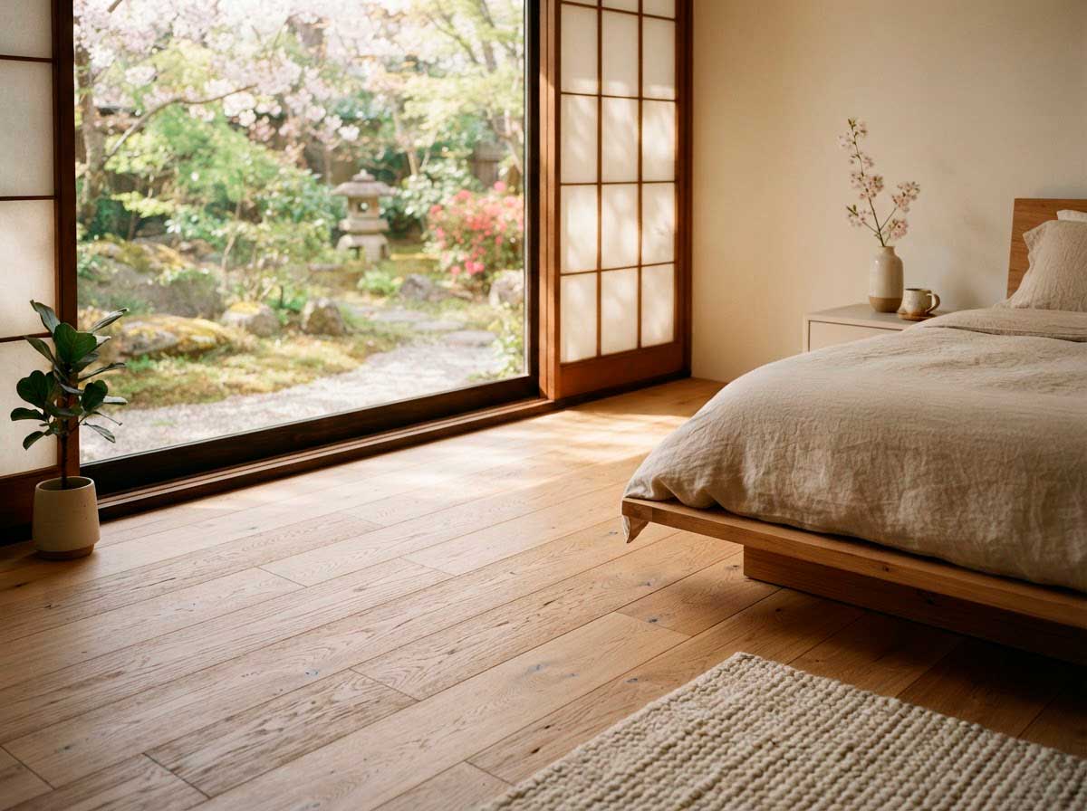 Detalle de suelo Japandi beige combinado con madera natural y tonos neutros
