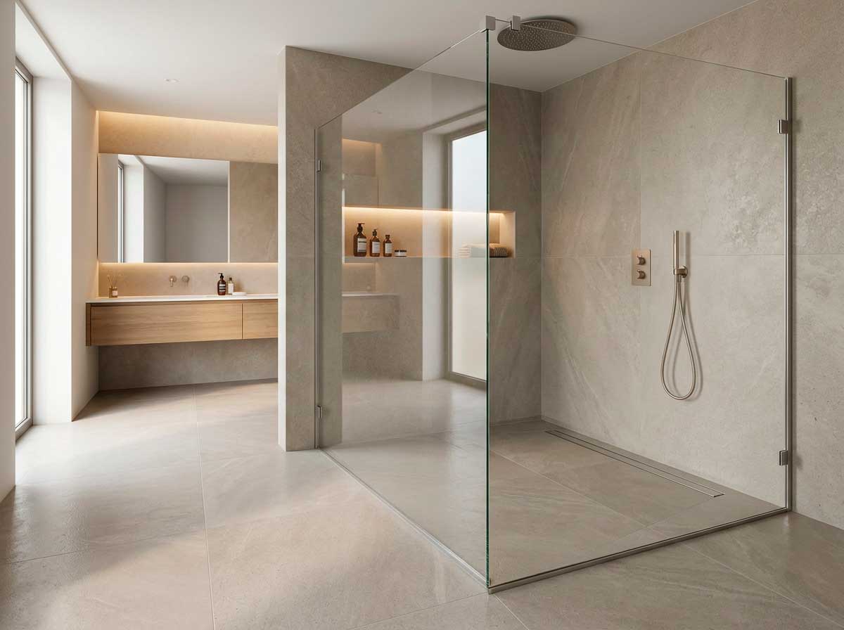 Ducha a ras de suelo con revestimiento porcelánico y mampara minimalista