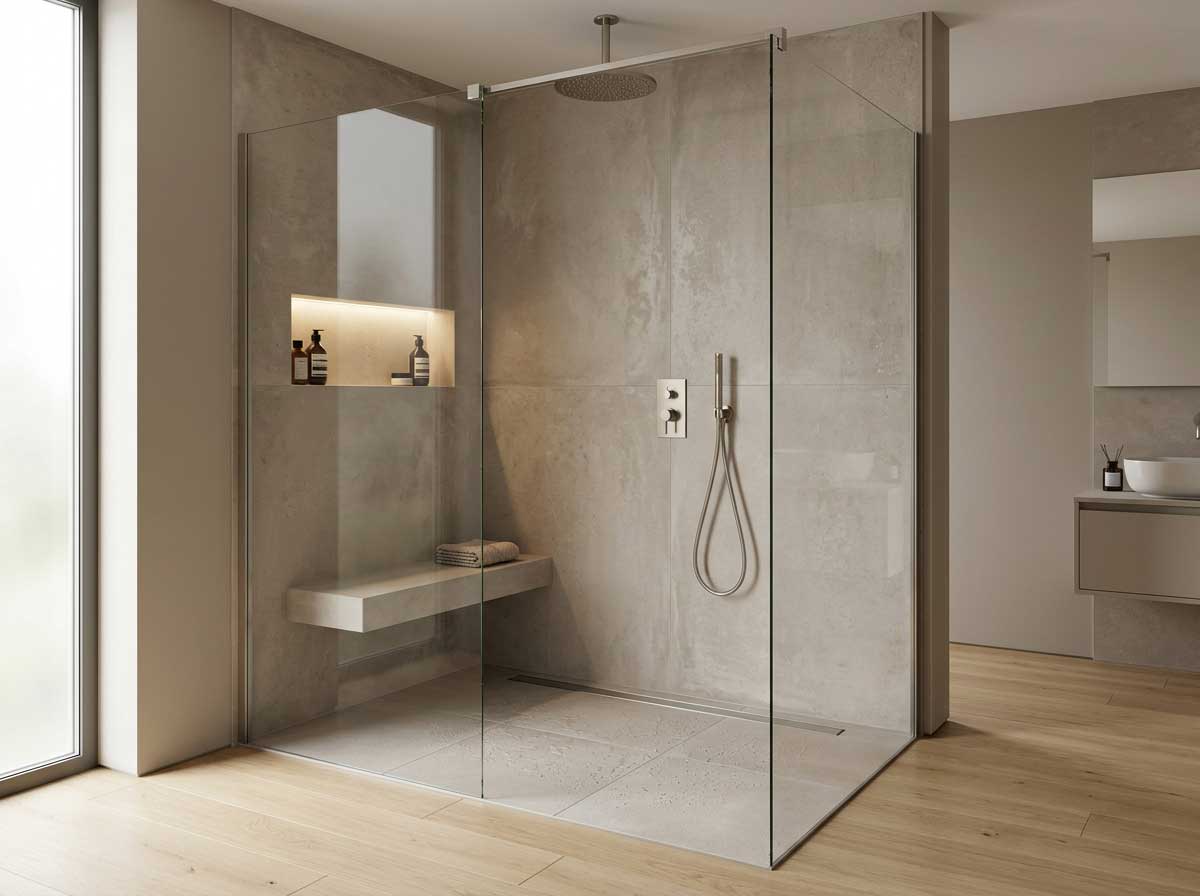 Ducha de baño premium con porcelánico antideslizante efecto cemento
