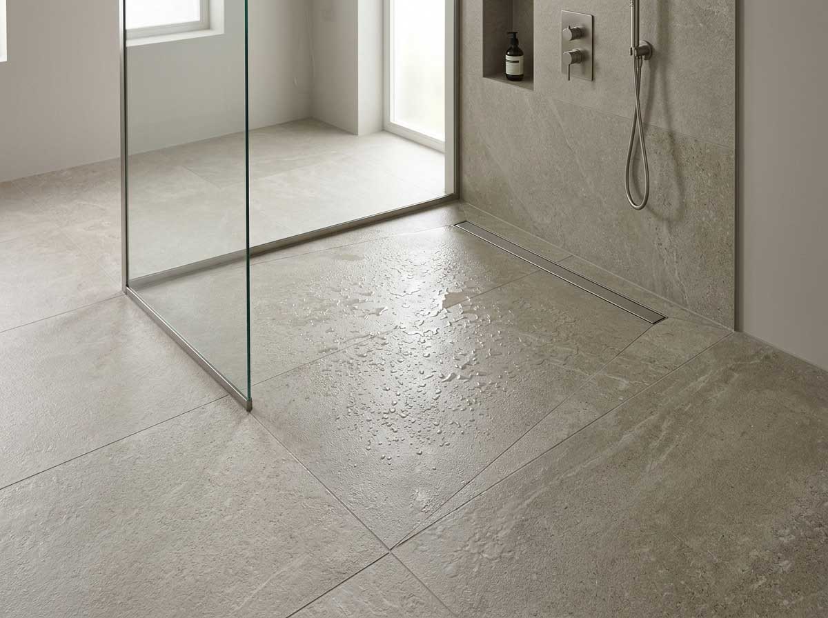 Ducha de obra con suelo porcelánico antideslizante imitación piedra