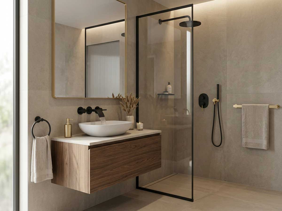 Grifería negra mate y dorado cepillado en baño premium