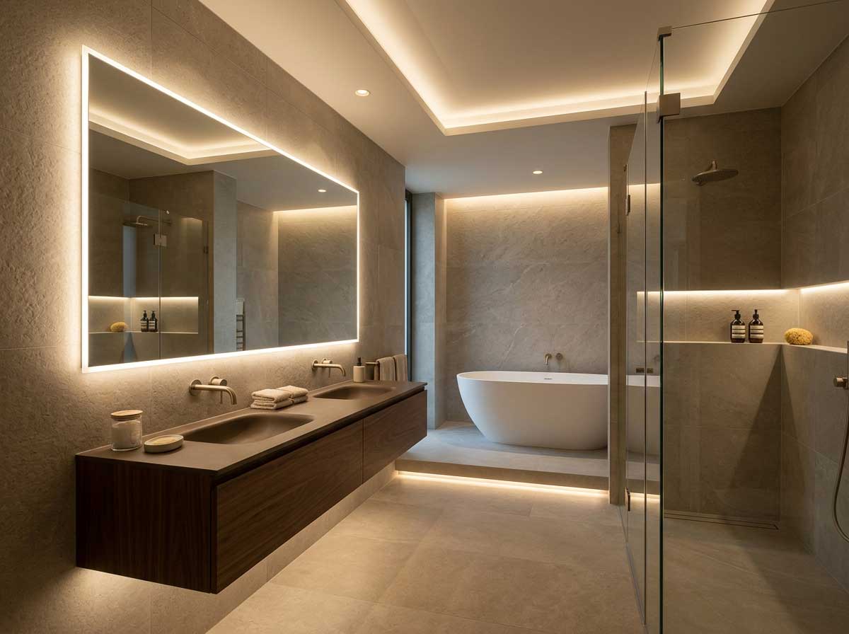 Iluminación indirecta y espejo retroiluminado en un baño de lujo