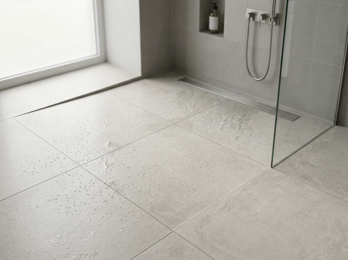 Suelo de ducha con porcelánico antideslizante claro efecto cemento