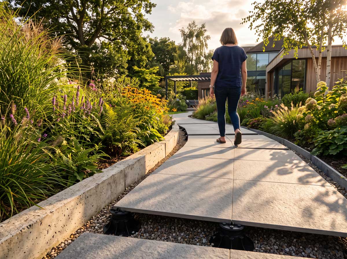 Camino de jardín con baldosas porcelánicas de 20 mm sobre una base preparada