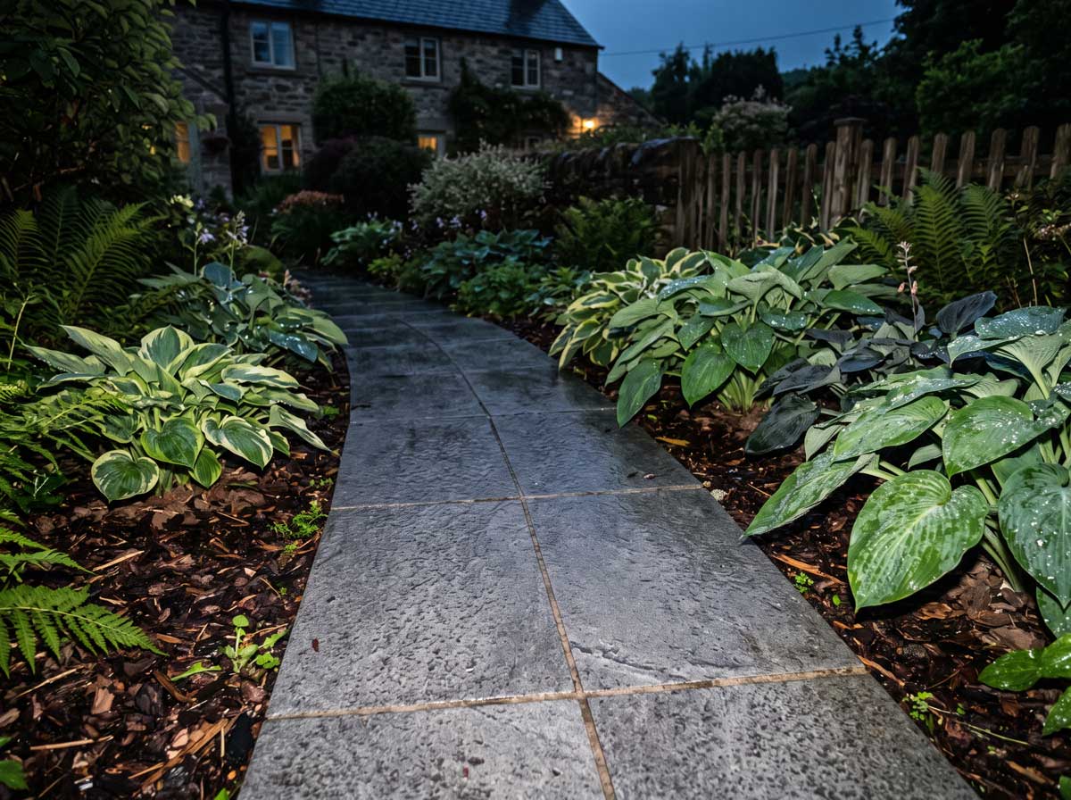 Camino de jardín con baldosas porcelánicas de 20 mm entre zonas verdes