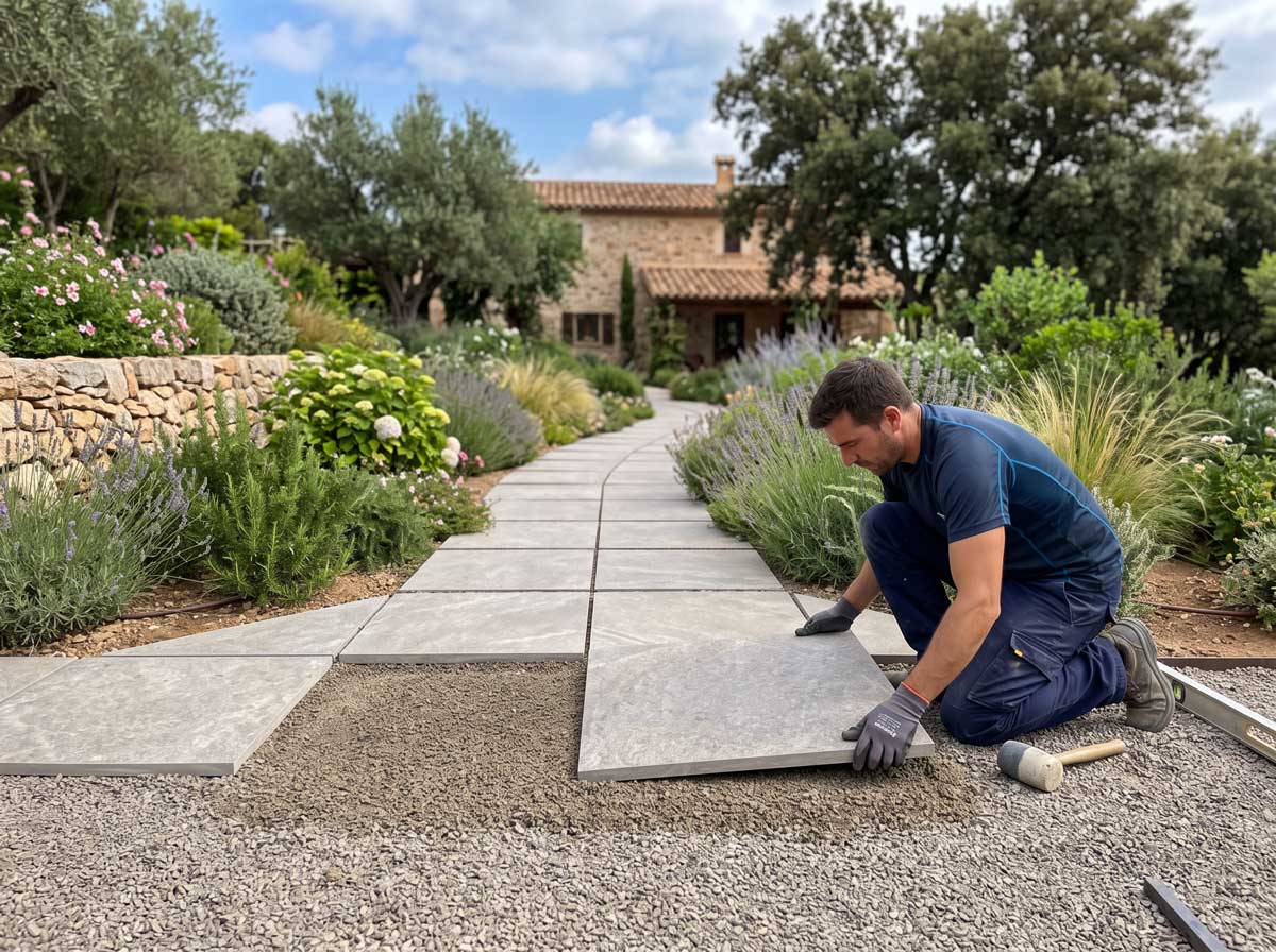 Porcelánico espesorado de 20 mm colocado sobre grava en un jardín